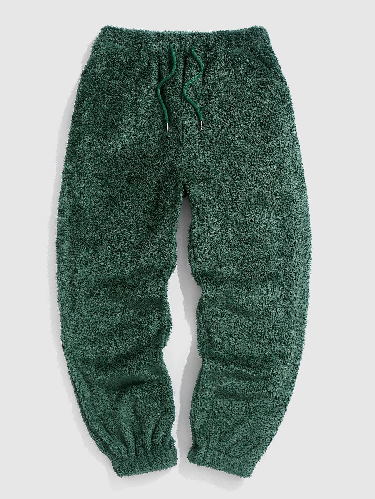 ZAFUL Men's Solid Color Fluffy Teddy Beam Feet Pants M Deep green