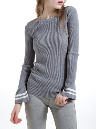Gray Simple Flared Sleeve Wool Blend Sweater