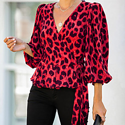 Women's Blouse Peplum Shirt Leopard Lace up Print V Neck Casual Streetwear Tops Blue Red Yellow / 3D Print Lightinthebox