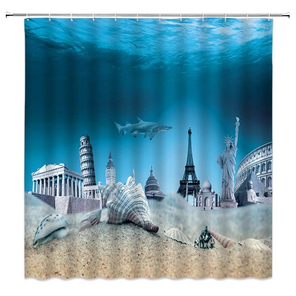 Eiffel Tower Shower Curtain Statue of Liberty Shark World Landmarks on The Mysterious Underwater Beach Home Polyester Cloth