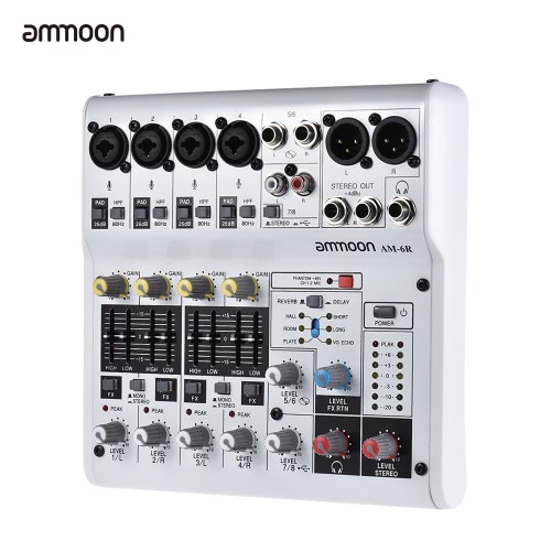 ammoon AM-6R 8-Channel Sound Card Digital Audio Mixer Mixing Console Built-in 48V Phantom Power Support Powered by 5V Power Bank with Power Adapter USB Cables for Recording DJ Network Live Broadcast Karaoke