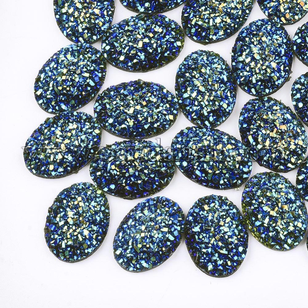 Electroplate Druzy Resin Cabochons, Oval, Green, 17.5x13x4.5mm