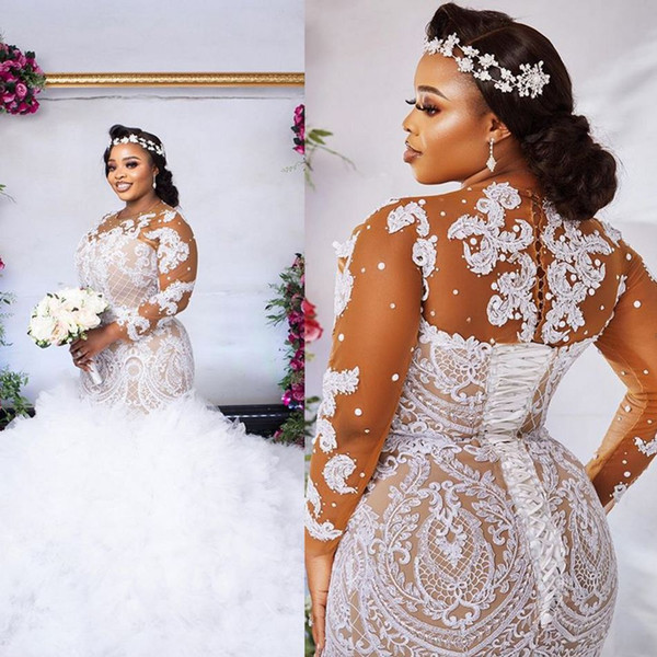 2021 Plus Size Wedding Dresses Lace Applique Ruffles Tulle Sweep Train Mermaid Bridal Gowns South African Long Sleeve Robe De Mariee