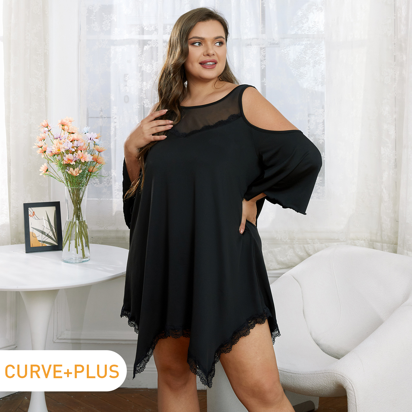 Women Plus Size Sexy Lace Mesh Design Cold Shoulder Black Nightgown