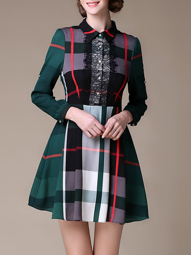 Green Checkered/Plaid Polyester Elegant A-line Mini Dress