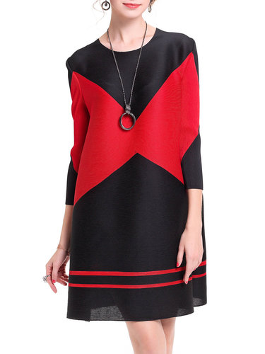 Casual 3/4 Sleeve Color-block Polyester A-line Midi Dress