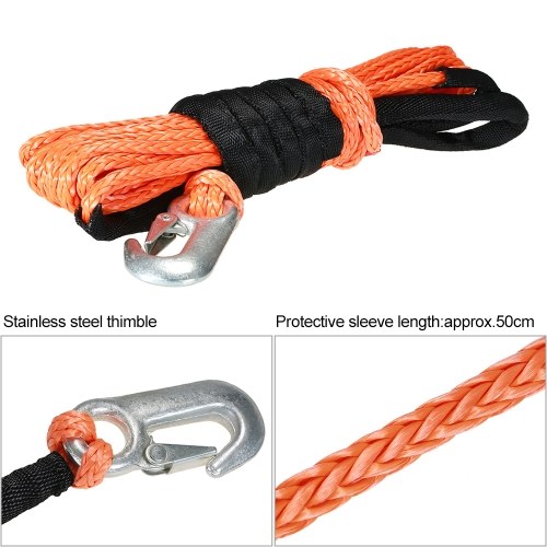 6mm*8m 1/4''*27' 5500lbs High Strength Synthetic Winch Line Cable Rope with Hook