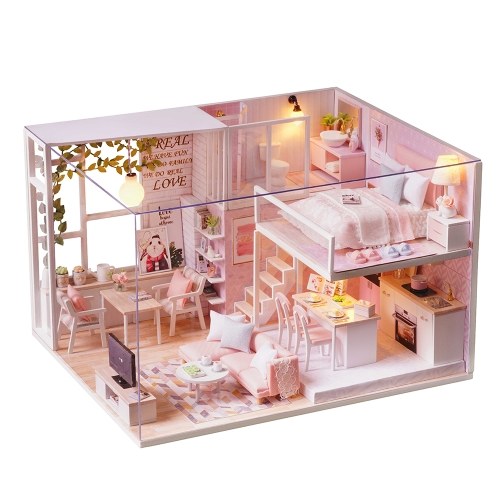 DIY Miniatura Loft Kit de casa de muñecas 3D Casa de madera rosada (con cubierta de polvo con caja de música)