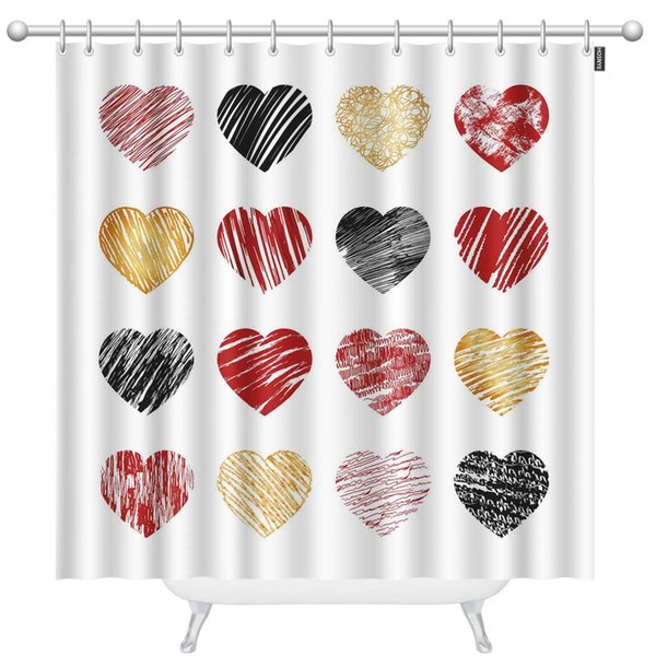 Hand Drawn Heart Icons Extra Long Fabric Shower Curtain 72 x 96 inch Valentines and Wedding Marriage Silhouette Amour Shower