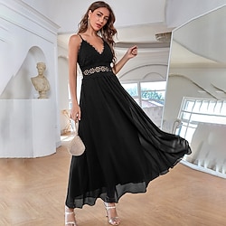 A-Line Elegant Vintage Party Wear Formal Evening Dress V Neck Sleeveless Ankle Length Chiffon with Sequin Pure Color Splicing 2022 Lightinthebox