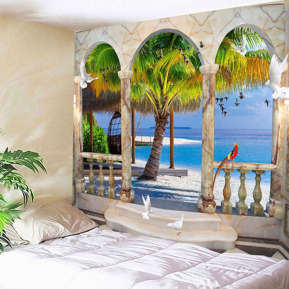 Window Birds Coconut Tree Seaside Wall Waterproof Tapestry