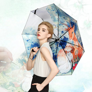 LYZA Hand-painted 3 Folds Rain Umbrella Sun Umbrella Foldable Sunscreen Umbrella