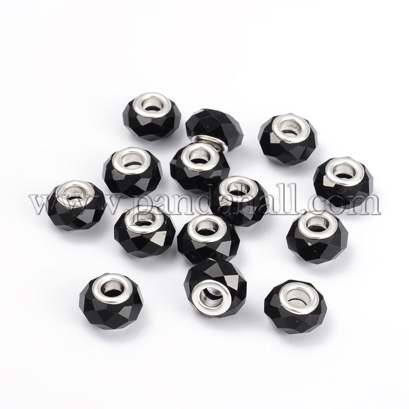 Glass European Beads, Large Hole Beads, Faceted, Black, with Iron Core in Silver Color, about 13mm wide, 10mm long, hole: 5mm