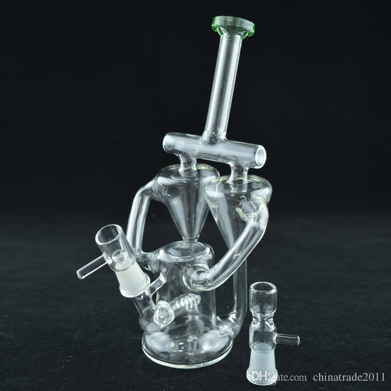 Recycler Double Chamber Glass Bongs 9" inches Green Ash Catcher Percolators Dabber Rigs Free Glass Bowl Dome and Nail Hand Blown Hookahs