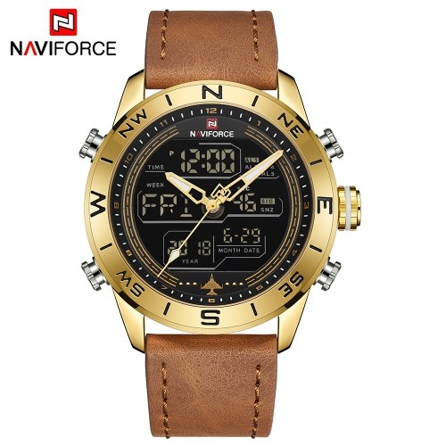 NAVIFORCE NF9144 Hombres Reloj Deportivo Moda Ejército Militar de Cuarzo Reloj de pulsera de Cuero Digital Relogio masculino con Caja de Regalo