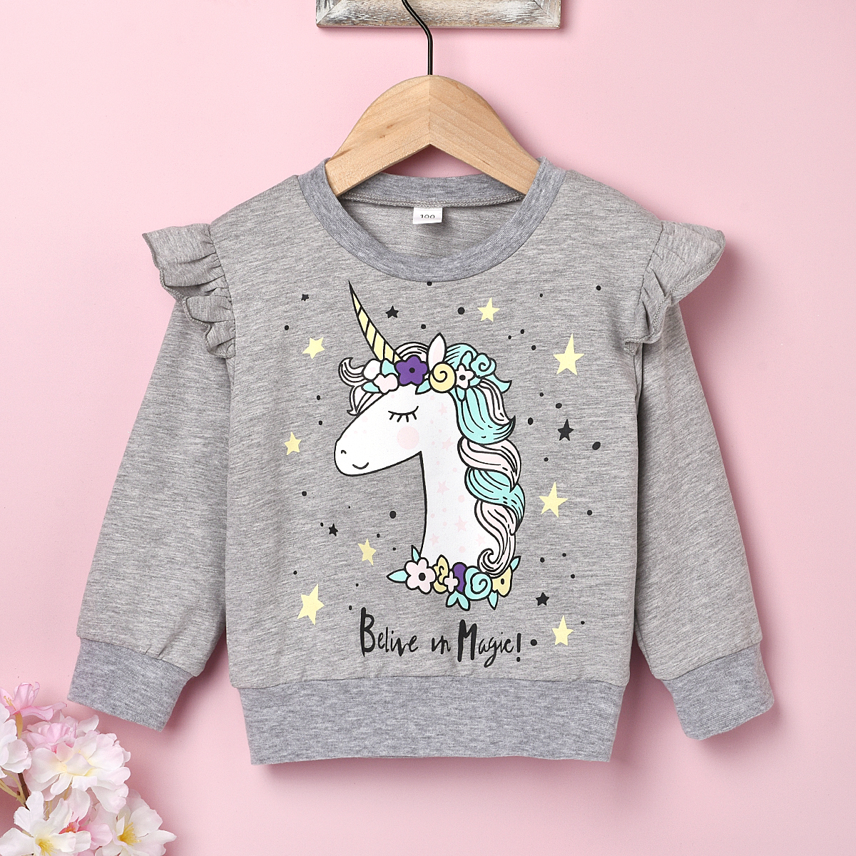 Toddler Girl Adorable Unicorn Print Flutter-sleeve Pullover