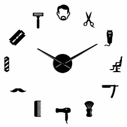 framless barber shop 3d diy wall clocks hair stylist hair salon decor mirror effect clock (black)