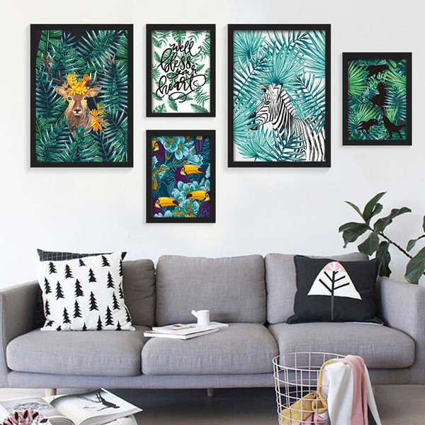 nordic art animals zebra deer plant tropical leaf painting canvas poster a4 wall picture modern home living room decoration