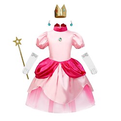 Super Mario Bros Princess Peach Dress Masquerade Girls' Movie Cosplay Anime Princess Pink Dress Gloves Earrings Carnival Masquerade Polyester miniinthebox