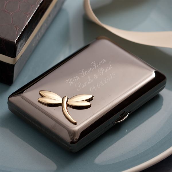 Engraved Black Plated Compact Mirror With Gold Plated Dragonfly