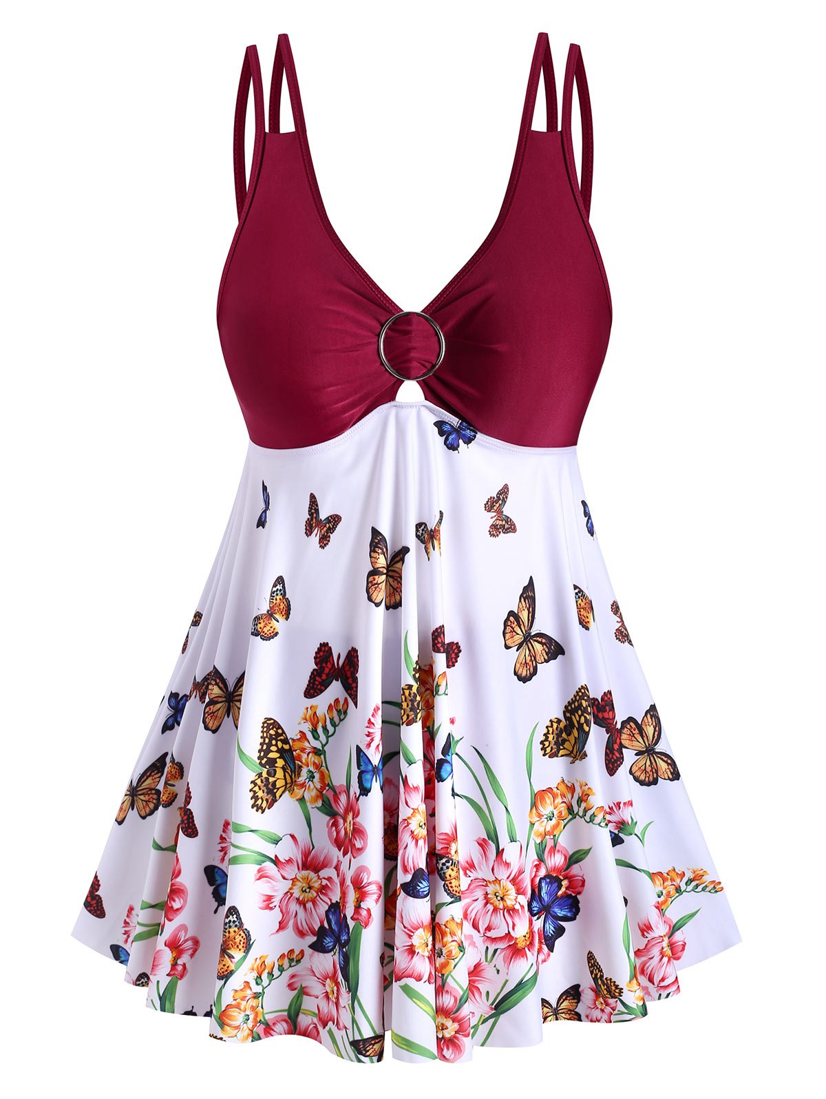 Plus Size Butterfly Floral Print Skirted Tankini Swimwear