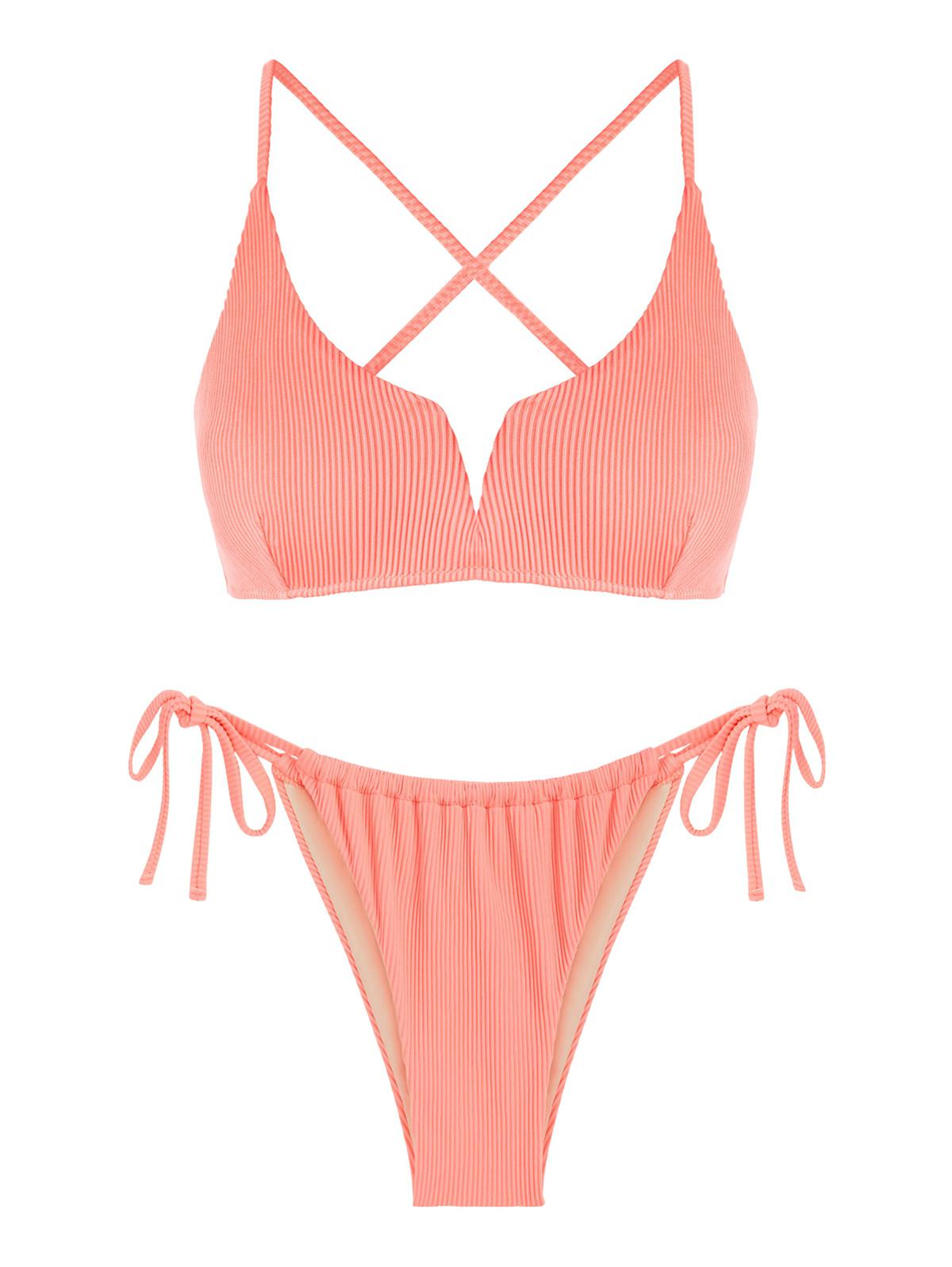 V Wired Ribbed Criss Cross Loincloth Tanga Bikini Set Light pink