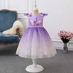 Kids Girls' Basic Sweet Cartoon Mesh Patchwork Sleeveless Knee-length Dress Purple