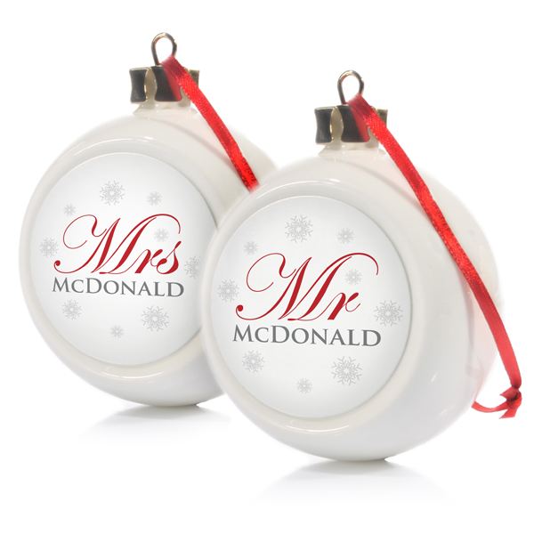 Mr & Mrs Twin Set Of Personalised Christmas Baubles