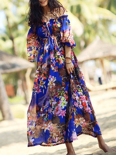 Short Sleeve Polyester Floral Beach Maxi Dress