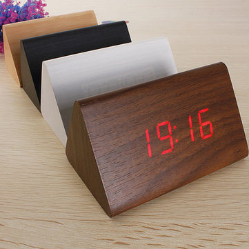 Wooden Triangular LED Alarm Digital Desk Clock Sound Control Calendar Thermometer