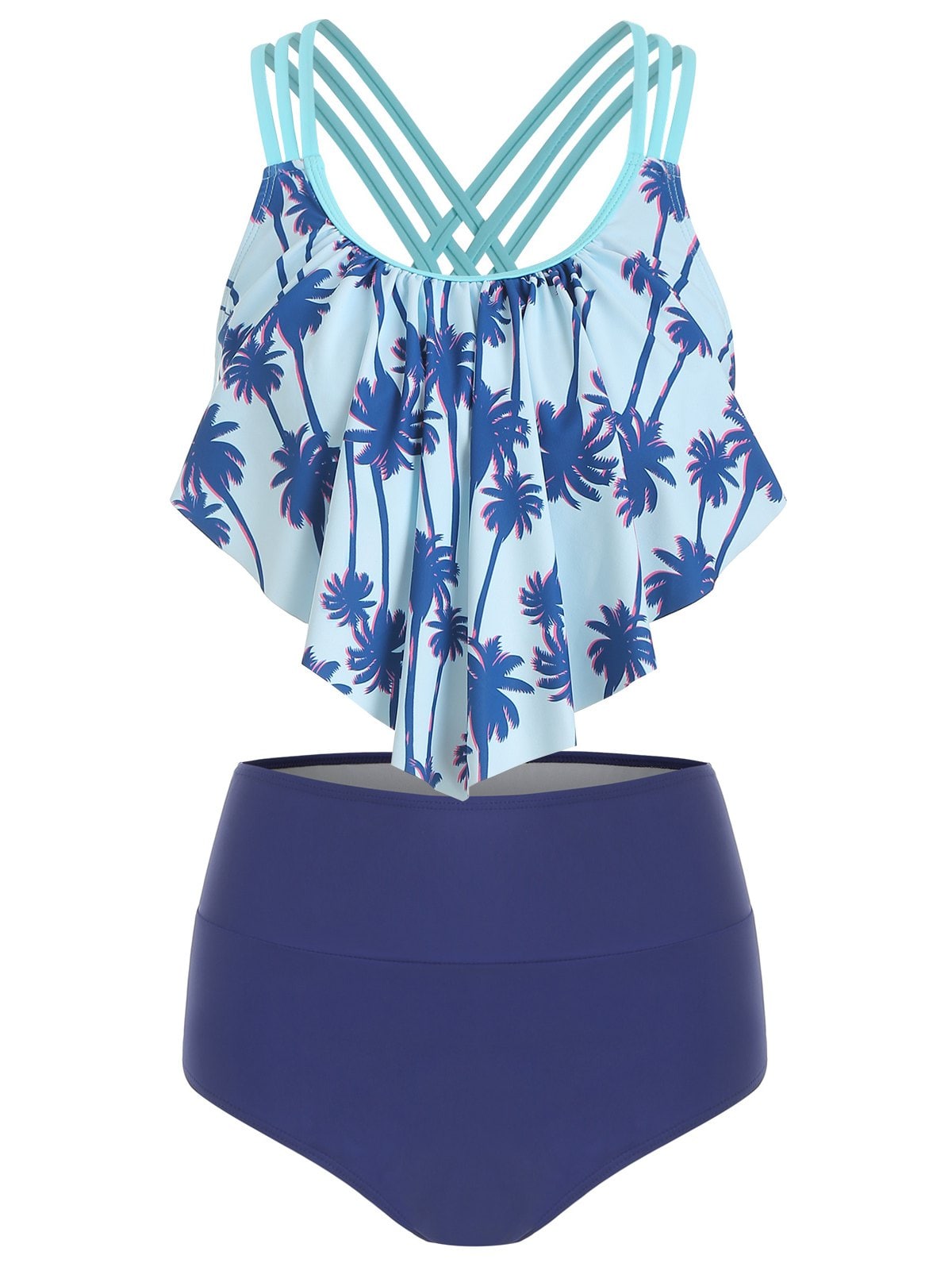 Palm Tree Print Overlay Tankini Swimsuit