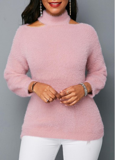 Cutout Shoulder Pink Mock Neck Faux Mohair Sweater