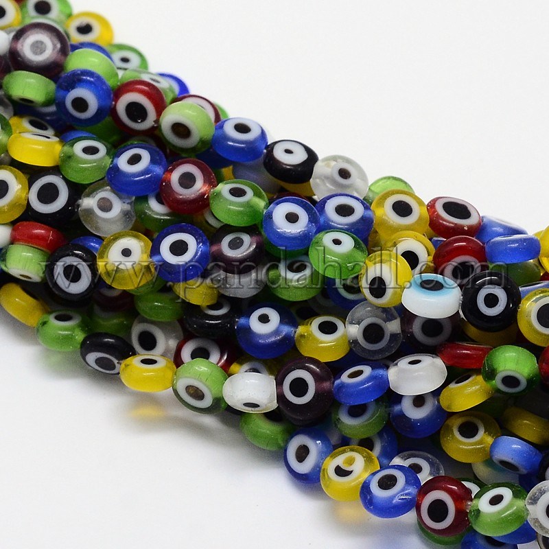 Handmade Evil Eye Lampwork Flat Round Bead Strands, Mixed Color, 8x3.2mm, Hole: 1mm; about 49pcs/strand, 14.56