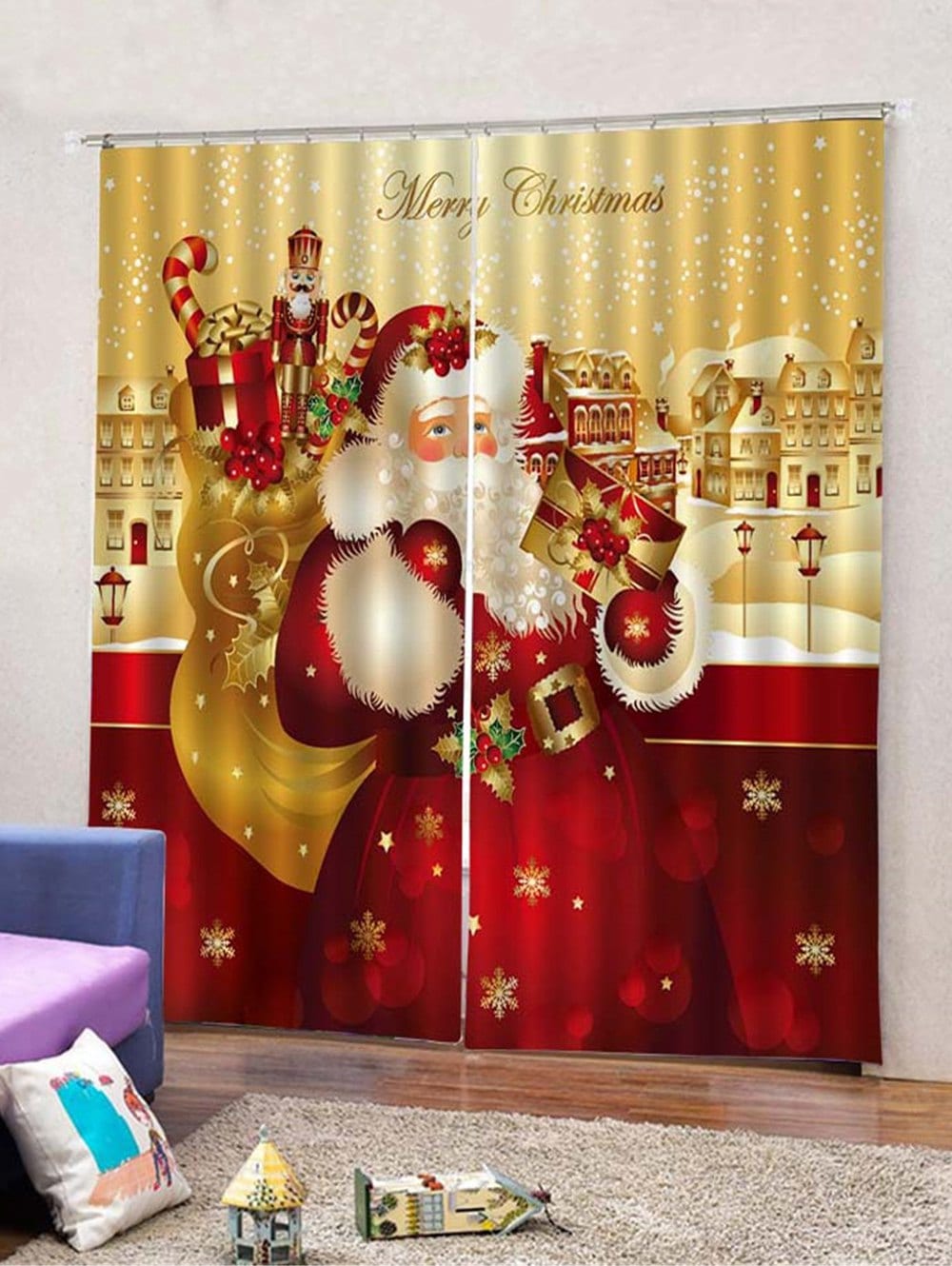 2Pcs Snowy Christmas Houses and Santa Window Curtains