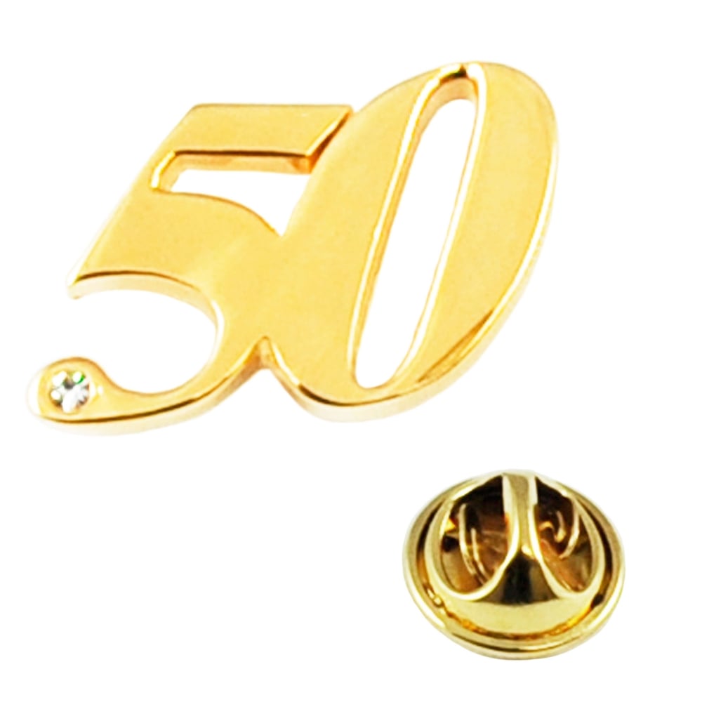 Number 50, 50th Birthday Golden Wedding Lapel Pin Badge with Crystal - Gold Plated