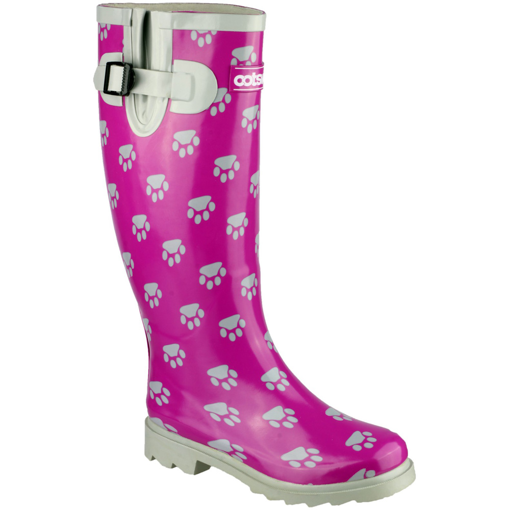 Cotswold Ladies Dog Paw Patterned Rubber Welly Wellington Boot Pink