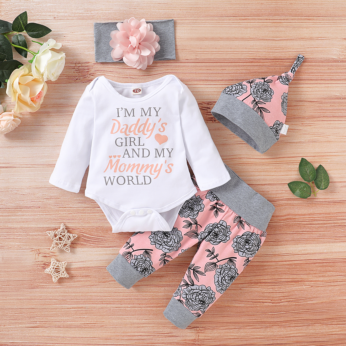 4-piece Baby Girl Floral Print Long-sleeve Bodysuit and Pants with Hat and Headband Set