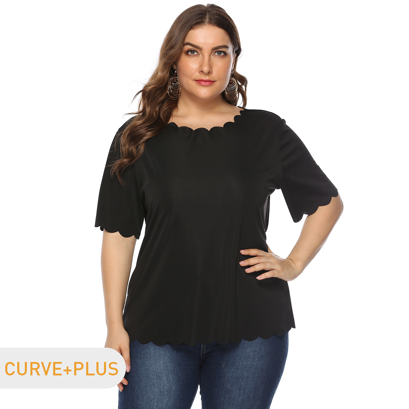 Women Plus Size Basics Irregular Wavy Hem T-shirt