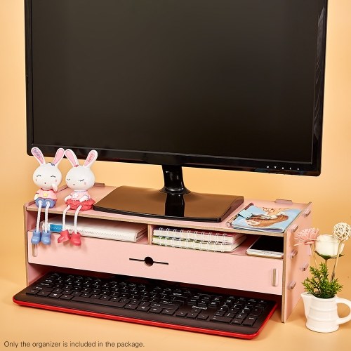 Computer Monitor Stand Riser Wood Desktop Organizer with Stationery Keyboard Storage Slots Drawer Office School Supplies