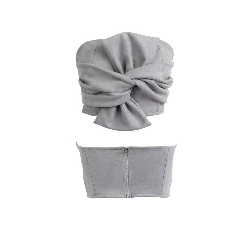 Women Suede Cropped Top Bow Front Slash Neck Sleeveless Back Zipper Crop Tube Tops Pink/Grey