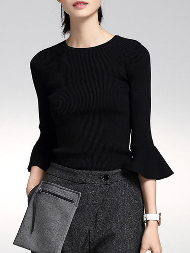 Black Knitted Flared Sleeve Crew Neck Sweater