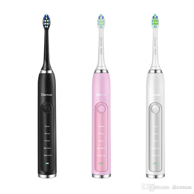 2019Dierman new Sonic Electric Toothbrush 2 brush heads for Adult 5 Cleaning Modes Wireless inductive Power Tooth Brush Waterproof Portable
