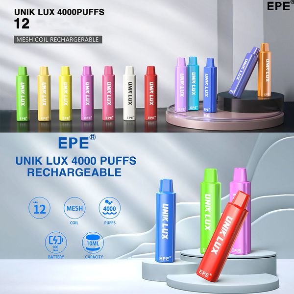 EPE Unik Lux E Cigarettes 4000 Puffs Disposable 5% 12 Colors 500mAh Battery 10ml Pod Rechargeable Original