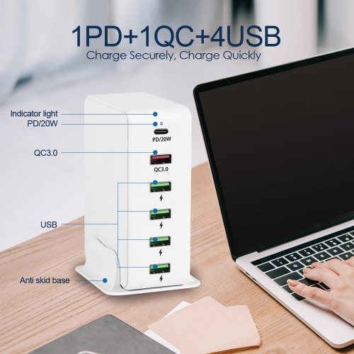 Station de charge USB C à 6 ports USB PD 3.0 et QC3.0 Chargeur mural USB C rapide pour tablette Smartphone et plus