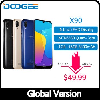 DOOGEE X90 Cellphone 6.1inch 19:9 Waterdrop LTPS Screen Smartphone Quad Core 16GB ROM 3400mAh Dual SIM 8MP+5MP WCDMA Android Go