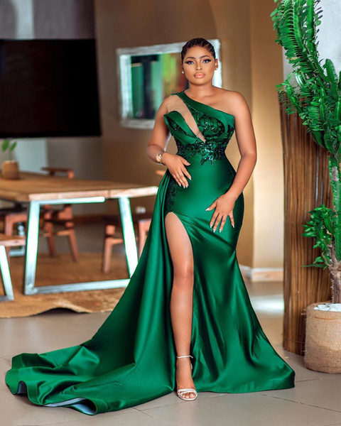 2020 Arabic Aso Ebi Green Mermaid Sexy Evening Dresses One Shoulder Lace Prom Dresses High Split Formal Party Second Reception Gowns ZJ355