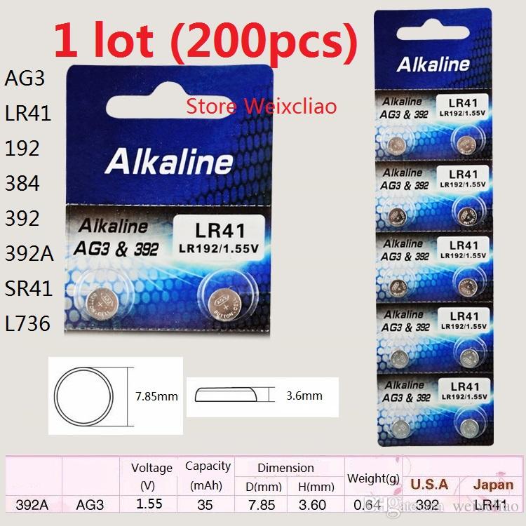 200pcs 1 lot AG3 LR41 192 384 392 392A SR41 L736 1.55V Alkaline Button Cell Battery coin batteries Free Shipping