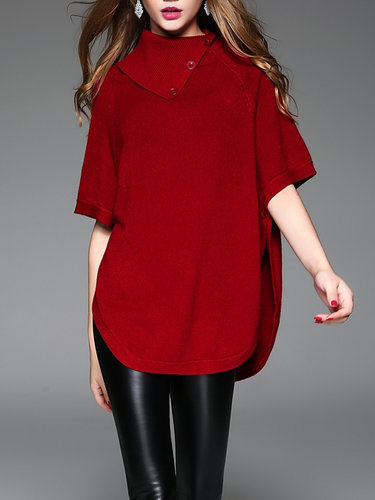 Wine Red Buttoned Wool Blend Plain Half Sleeve Sweater