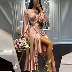 A-Line Empire Elegant Wedding Guest Formal Evening Dress V Neck Long Sleeve Asymmetrical Charmeuse with Ruffles Solid 2021 Lightinthebox
