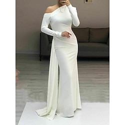 Sheath / Column Minimalist Elegant Wedding Guest Formal Evening Dress One Shoulder Long Sleeve Floor Length Stretch Fabric with Sleek Ruched 2022 Lightinthebox